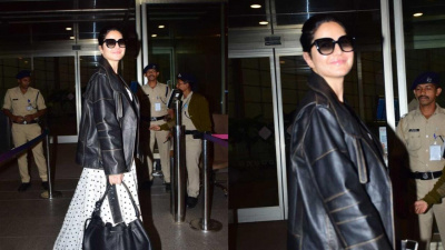 Katrina Kaif aces old-school charm of polka-dotted dress in airport look; pairs it with oversized jacket