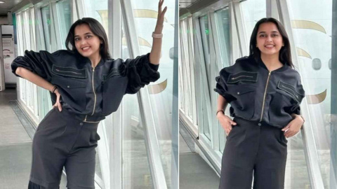 Airport Style: Tejasswi Prakash wears black-and-grey co-ord set crop jacket,  wide-legged pants from Linetribe | PINKVILLA