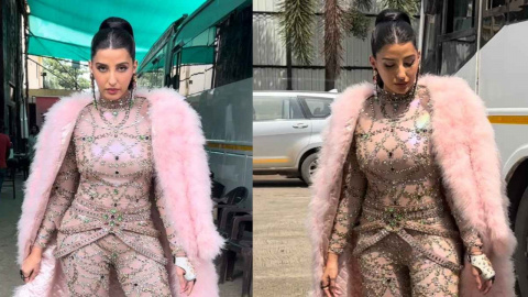 Nora Fatehi looks enchanting in baby pink blingy bodysuit with matching fur coat, and statement accessories | PINKVILLA