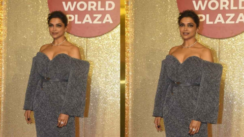 Deepika Padukone's black leather boots give an edgy appeal to Louis  Vuitton's grey off-shoulder midi dress