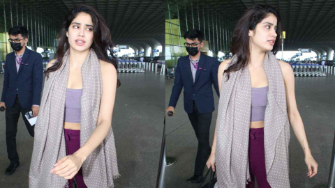 Airport Elegance: Janhvi Kapoor wears track pants and crop top with scarf  and Rs. 1.9 Lacs Goyard tote bag | PINKVILLA