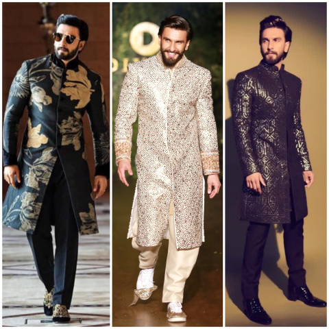 ranveer singh in a black embroidered sherwani