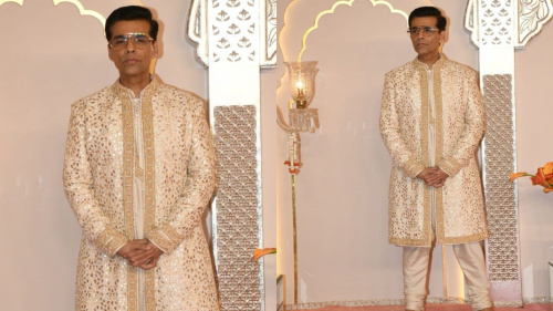 Karan Johar sports Abu Jani Sandeep Khosla ivory sherwani for Anant Ambani Radhika Merchant s wedding CHECKOUT complete look PINKVILLA