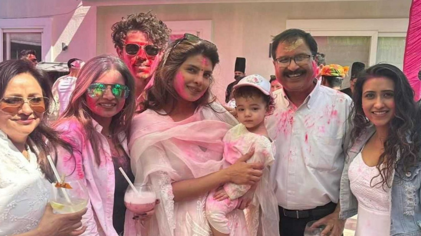WATCH: Priyanka Chopra encourages Nick Jonas to dance as they celebrate Holi with daughter Malti; latter poses adorably for camera 