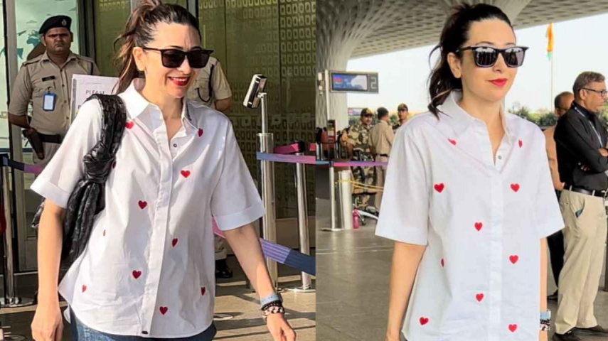 Karisma Kapoor, airport, heart print shirt, casual, casual wear, Vacation, summer, romance, romantic, Style, Fashion