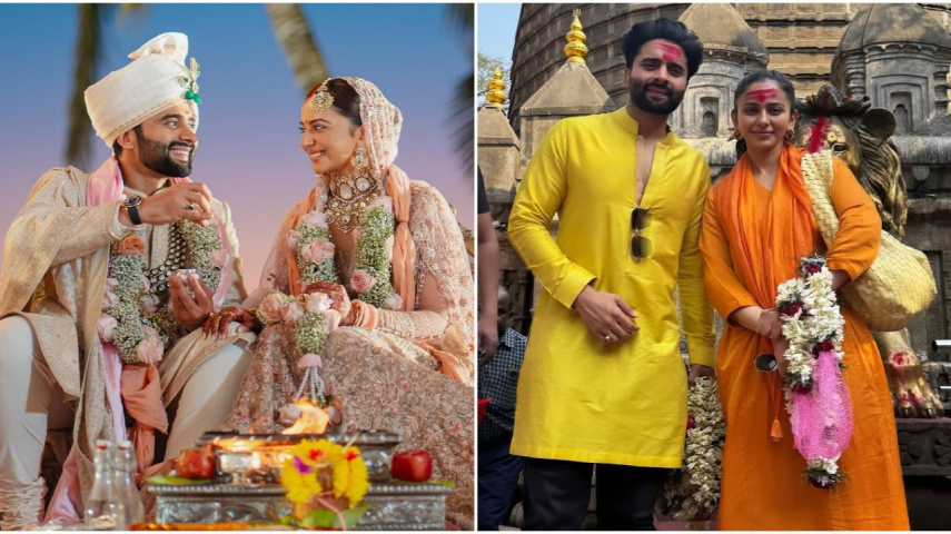 PICS: Rakul Preet Singh-Jackky Bhagnani seek blessings at Kamakhya Temple with family after wedding in Goa
