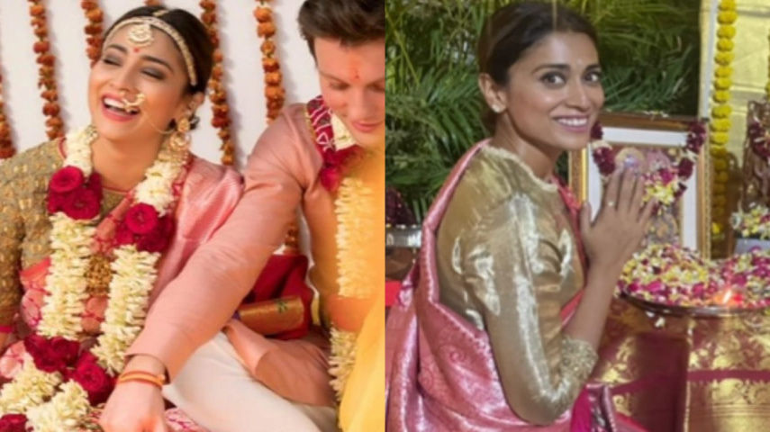Shriya Saran looks oh-so-beautiful in her wedding saree for Ram puja at home