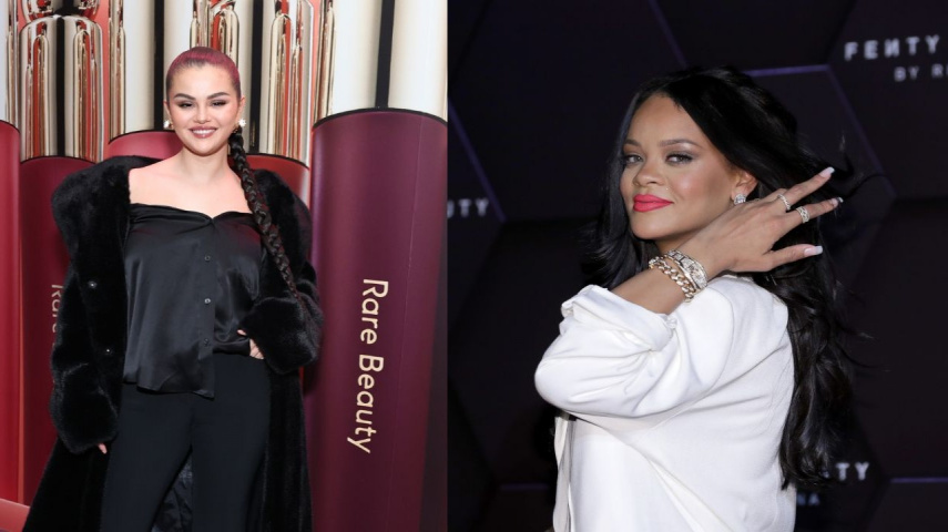 Selena Gomez and Rihanna during their brand promotions (Getty Images)