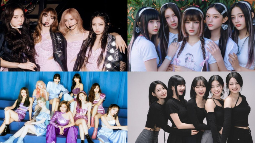 BLACKPINK, NewJeans, TWICE and LE SSERAFIM; Image Courtesy: YG Entertainment, ADOR, JYP Entertainment and SOURCE MUSIC