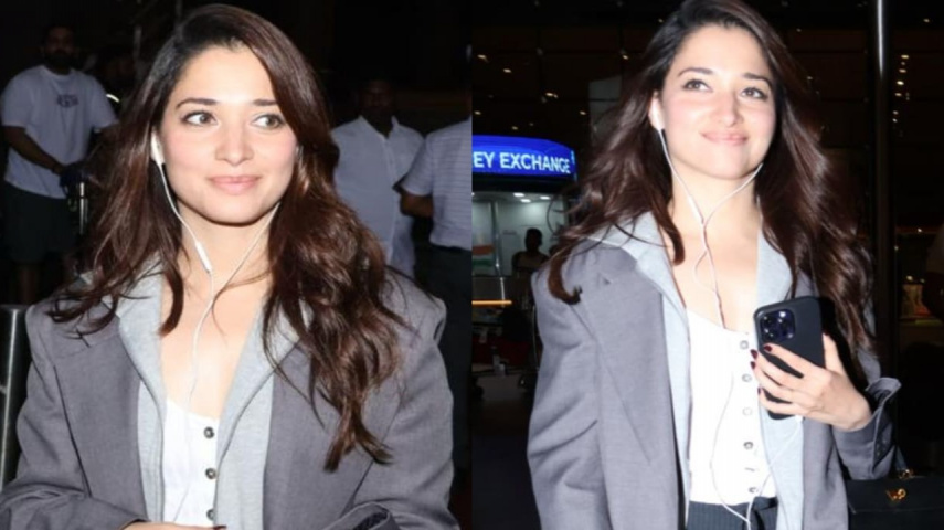 Tamannaah Bhatia spotted at the airport wearing grey blazer, white ribbed top and wide leg pants