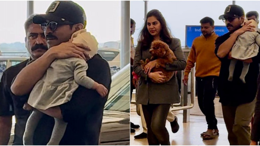 Ram Charan holds daughter Klin Kaara in arms as he reaches airport with wife Upasana