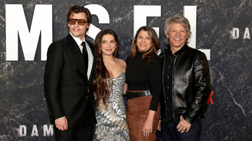 Jon Bon Jovi with wife Dorothea Bongiovi, son Jake Bongiovi and Damsel star Millie Bobby Brown (Via Getty Images)