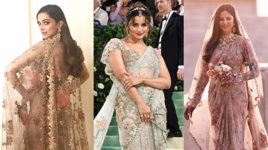 Netizens find similarities between Alia, DP, Kat’s floral sarees (Instagram/@shaleenanathani, Getty, Instagram/@sabyasachiofficial)