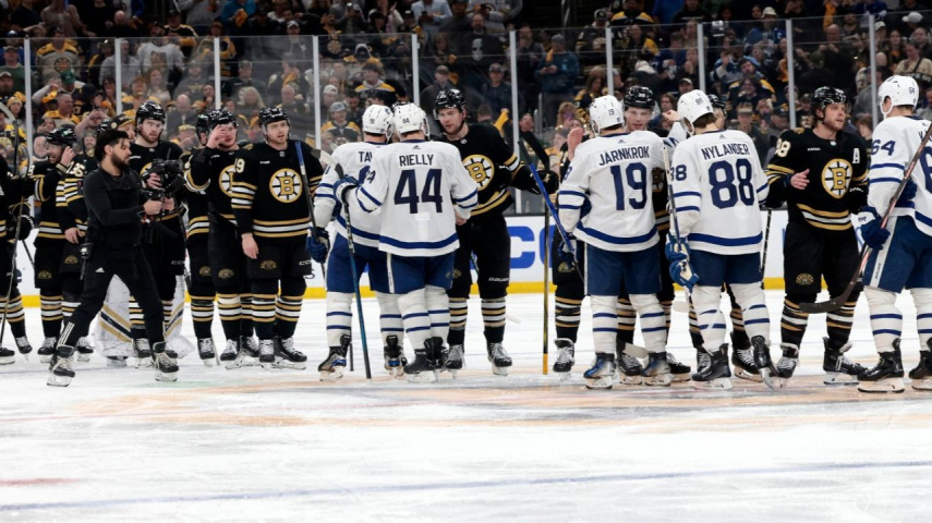 Handshakes after Game 7 of the Eastern Conference First Round playoffs between Bruins and Maple Leafs [Credit-Getty Images]