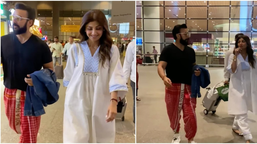 WATCH: Shilpa Shetty-Raj Kundra spotted at Mumbai airport; latter's unique 'Not A Towel' lungi grabs attention