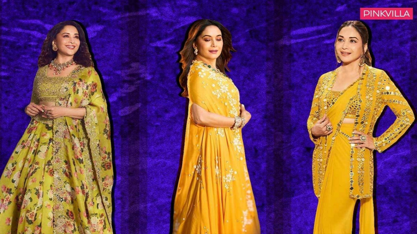 Madhuri Dixit, Yellow, colors, Ethnic Wear, Saree, Style, Fashion