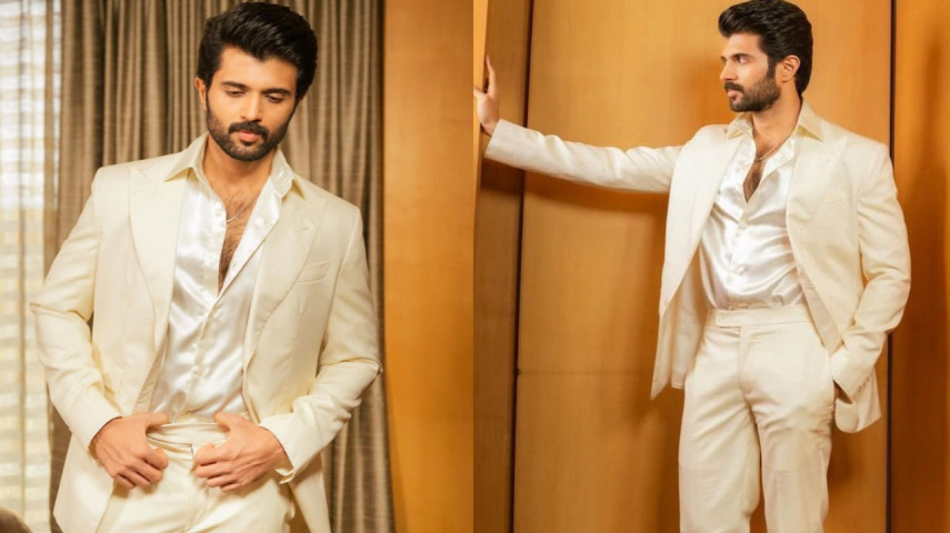 vijay deverakonda looks handsome in white pantsuit 