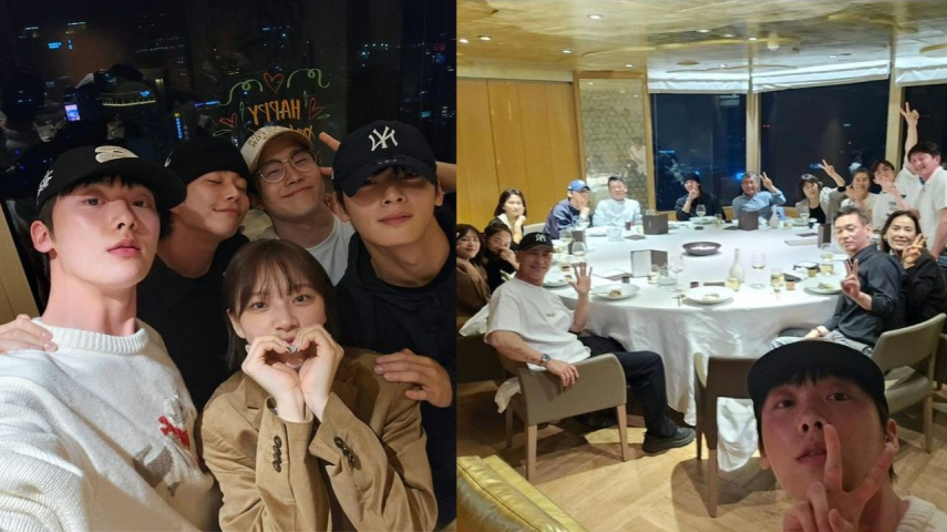 ASTRO members with their parents and Billlie's Moon Sua; Image Courtesy: Sanha's Instagram
